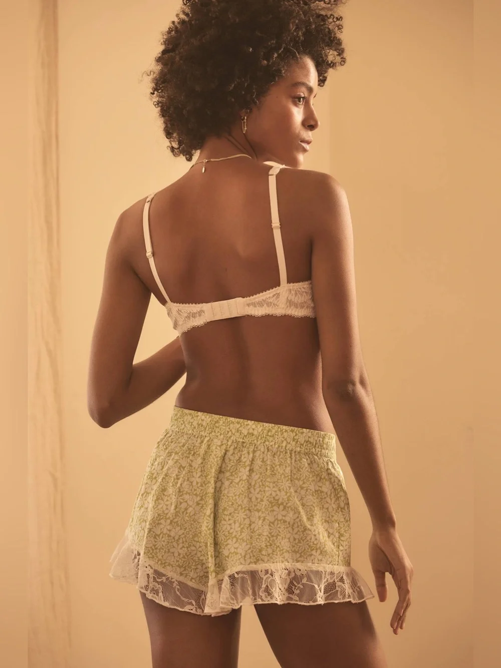 Anthropologie Green White Floral Print Lace Trim Pajama Shorts Small